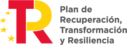 Logo del Plan de Recuperación, Transformación y Resiliencia de España, que incluye las letras "R" y "T" en colores rojo y amarillo, acompañadas de estrellas que representan la Unión Europea.